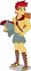 Size: 3000x6856 | Tagged: safe, artist:orin331, imported from derpibooru, flash magnus, equestria girls, abs, absurd resolution, armor, chest, equestria girls-ified, feet, helmet, legs, male, muscles, netitus, sandals, shield, simple background, smiling, smirk, solo, transparent background