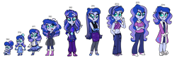 Size: 3600x1200 | Tagged: safe, artist:carouselunique, imported from derpibooru, princess luna, equestria girls, age progression, baby, belly button, clothes, elderly, female, midriff, older, simple background, skirt, teenager, transparent background, vice principal luna, woona, younger