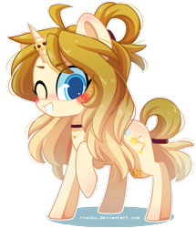 Size: 1165x1354 | Tagged: safe, artist:riouku, imported from derpibooru, oc, oc only, oc:sora, pony, art trade, blushing, horn ring, one eye closed, raised hoof, simple background, smiling, solo, transparent background, wink