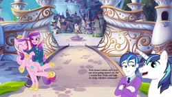 Size: 1920x1080 | Tagged: safe, artist:conthauberger, imported from derpibooru, princess cadance, shining armor, alicorn, pony, unicorn, equestria girls, friendship games, alumnus shining armor, bellyrubs, dean cadance, female, human ponidox, male, mare, pony ponidox, self ponidox, stallion