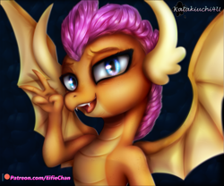Size: 3600x3000 | Tagged: safe, artist:katakiuchi4u, imported from derpibooru, smolder, dragon, school daze, claws, dark background, dragon wings, dragoness, fangs, female, looking at you, open mouth, patreon, patreon logo, peace sign, solo, spread wings, wings