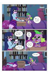 Size: 2650x4096 | Tagged: safe, artist:verumteednp, deleted from derpibooru, imported from derpibooru, sci-twi, spike, spike the regular dog, twilight sparkle, dog, comic:sparkling shimmer, equestria girls, bed, bedroom, clothes, comic, crying, dialogue, glasses, implied timber spruce, sad, sci-twi's room, speech bubble