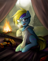 Size: 940x1200 | Tagged: safe, artist:skyeypony, imported from derpibooru, oc, oc only, pegasus, pony, alcohol, campfire, coffee, female, glasses, looking at you, mare, tent