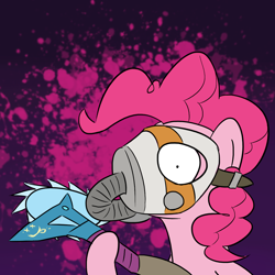 Size: 1280x1280 | Tagged: safe, artist:phat_guy, derpibooru exclusive, imported from derpibooru, pinkie pie, earth pony, pony, angry, borderlands, borderlands 2, bust, buzz axe, buzzsaw, circular saw, crazy face, crossover, faic, female, gas mask, hoof hold, insanity, krieg, looking at you, maniac, mare, mask, melee, melee weapon, portrait, raised leg, sawblade, smiley, solo, weapon, wide eyes, xp