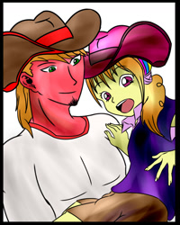 Size: 995x1246 | Tagged: safe, artist:foxgar, artist:foxgearstudios, imported from derpibooru, big macintosh, oc, equestria girls, beard, carrying, clothes, cowboy hat, duo, facial hair, father and daughter, female, goatee, hat, male, offspring, parent:adagio dazzle, parent:big macintosh, parents:adagintosh, simple background, smiling, white background