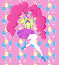 Size: 2448x2672 | Tagged: safe, artist:eiranosaur, imported from derpibooru, pinkie pie, equestria girls, alternate hairstyle, clothes, cute, female, looking at you, pigtails, shoes, skirt, smiling, solo, stockings, suspenders, thigh highs, twintails