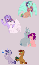 Size: 1299x2166 | Tagged: safe, artist:ganashiashaka, imported from derpibooru, oc, oc only, oc:aegis frost, oc:amethyst swirl, oc:dawn dreamer, oc:feather dart, oc:grease spot, oc:hex mind, oc:macoun apple, oc:pinni, oc:shining breeze, earth pony, pegasus, pony, unicorn, adopted offspring, female, gay, magic, magical lesbian spawn, male, mare, offspring, parent:applejack, parent:cheese sandwich, parent:fluttershy, parent:maud pie, parent:pinkie pie, parent:princess cadance, parent:rainbow dash, parent:shining armor, parent:soarin', parent:starlight glimmer, parent:sunburst, parent:twilight sparkle, parent:zephyr breeze, parents:cheesepie, parents:shiningcadance, parents:soarinjack, parents:starmaud, parents:twiburst, parents:zephdash, simple background, stallion, straight