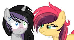 Size: 1378x750 | Tagged: safe, artist:sapiira, imported from derpibooru, oc, oc only, oc:annika, oc:arrow streak, earth pony, pony, unicorn, blushing, female, heterochromia, mare, simple background, transparent background