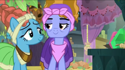 Size: 1136x640 | Tagged: safe, imported from derpibooru, screencap, meadowbrook, meadowbrook's mother, chipmunk, a health of information, duo, female, lidded eyes, like mother like daughter, like parent like child, lilac meadow, mare, mother and daughter, proud, smiling