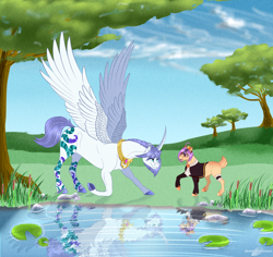 Size: 1120x1056 | Tagged: safe, artist:bijutsuyoukai, imported from derpibooru, oc, oc only, oc:bella, oc:netori, alicorn, pony, lake, lilypad, reflection, tree, water