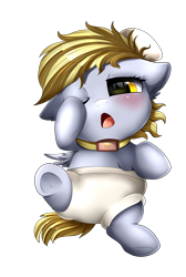 Size: 2008x2983 | Tagged: safe, artist:pridark, imported from derpibooru, derpy hooves, pegasus, pony, baby, baby pony, blushing, collar, commission, cute, derpabetes, diaper, eyes closed, female, filly, foal, hnnng, looking at you, simple background, sleepy, transparent background, weapons-grade cute, yawn, younger