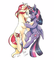 Size: 3000x3300 | Tagged: safe, artist:eeviart, imported from derpibooru, sunset shimmer, twilight sparkle, alicorn, pony, unicorn, crossed horns, female, horn, horns are touching, lesbian, looking at each other, mare, shipping, simple background, sunsetsparkle, traditional art, twilight sparkle (alicorn)