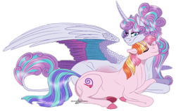 Size: 1400x885 | Tagged: safe, artist:bijutsuyoukai, imported from derpibooru, princess flurry heart, toola roola, pony, colored wings, commission, crack shipping, cuddling, female, lesbian, multicolored wings, older, pregnant, prone, shipping, simple background, toolaheart, transparent background