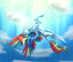 Size: 2048x1740 | Tagged: safe, artist:fireheartsk, imported from derpibooru, rainbow dash, pegasus, pony, backwards cutie mark, colored wings, eye scar, eyes closed, female, flying, mare, multicolored wings, open mouth, rainbow wings, scar, sky, solo, unshorn fetlocks, upside down