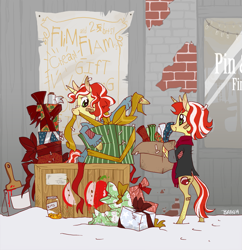 Size: 1327x1370 | Tagged: safe, artist:goatsocks, imported from derpibooru, flam, flim, semi-anthro, unicorn, apple, bandage, big eyes, bits, booth, bow, box, brick, brick wall, butt, cardboard box, cheap, christmas, city, clothes, cute, daaaaaaaaaaaw, dawwww, dirty, duct tape, duo, duo male, flim flam brothers, food, footprint, gift box, gift wrapped, hearth's warming, heartwarming, holding, holiday, homeless, homemade, jacket, jar, looking at each other, male, mouth hold, outdoors, paint, paint can, paintbrush, patch, patchwork, plot, poor, present, ribbon, sale, scarf, selling, sign, smiling, snow, standing, sweater, tape, urban, vendor, vendor stall, winter, younger