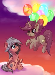 Size: 1586x2160 | Tagged: safe, artist:taneysha, imported from derpibooru, oc, oc only, oc:gearsy septima, oc:lavrushka, pegasus, pony, balloon, cloud, female, mare, simple background, solo, transparent background