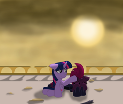 Size: 4036x3400 | Tagged: safe, artist:ejlightning007arts, imported from derpibooru, tempest shadow, twilight sparkle, alicorn, pony, my little pony: the movie, balcony, comforting, female, prone, remorse, sad, twilight sparkle (alicorn)