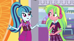 Size: 1278x716 | Tagged: safe, artist:themexicanpunisher, edit, imported from derpibooru, lemon zest, sonata dusk, dance magic, equestria girls, spoiler:eqg specials, clothes, crystal prep academy uniform, female, headphones, lemonata, lesbian, looking at each other, open mouth, school uniform, shipping, shrug, smiling