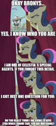 Size: 500x1125 | Tagged: safe, edit, edited screencap, imported from derpibooru, screencap, bon bon, rainbow dash, sweetie drops, earth pony, pony, slice of life (episode), female, fourth wall, image macro, implied voyeurism, mare, meme, screencap comic, solo, special agent