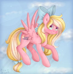 Size: 996x1012 | Tagged: safe, artist:pony-ellie-stuart, imported from derpibooru, oc, oc only, oc:bay breeze, pegasus, pony, blushing, bow, cute, female, flying, hair bow, happy, looking at you, mare, sky, solo, tail bow