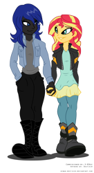 Size: 800x1471 | Tagged: safe, artist:niban-destikim, imported from derpibooru, sunset shimmer, oc, oc:midnight storm, fanfic:the witching hour, equestria girls, canon x oc, clothes, commission, dating, equestria girls-ified, female, holding hands, jacket, lesbian, looking at each other, shipping, shirt, simple background, smiling, transparent background, walking