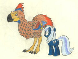 Size: 1658x1261 | Tagged: safe, artist:smcho1014, deleted from derpibooru, imported from derpibooru, oc, oc:silverlay, oc:wild sketchy, bird, pony, unicorn, colored pencil drawing, duo, female, gastornis, male, mare, simple background, traditional art, white background