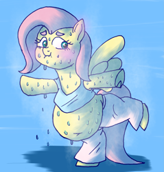 Size: 1969x2063 | Tagged: safe, artist:tuta suke, imported from derpibooru, fluttershy, pony, balancing, belly, belly button, blushing, clothes, excessive sweat, fat, fattershy, female, solo, sweat, sweater, sweatershy