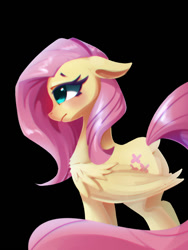 Size: 600x800 | Tagged: safe, artist:l8lhh8086, imported from derpibooru, fluttershy, pegasus, pony, blushing, dock, female, floppy ears, looking away, mare, melancholy, sad, simple background, solo, wings