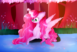 Size: 1024x696 | Tagged: safe, artist:anasflow, imported from derpibooru, oc, oc only, oc:heart apple, alicorn, pony, female, magic, mare, prone, river, solo