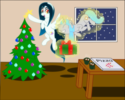 Size: 3543x2835 | Tagged: safe, artist:tay-houby, imported from derpibooru, oc, pegasus, pony, unicorn, bauble, chocolate, christmas, christmas tree, food, glowing horn, holiday, levitation, magic, pine tree, pizza, present, self-levitation, telekinesis, tree