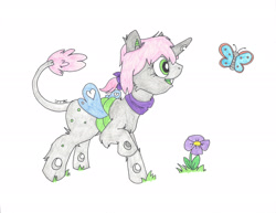 Size: 2200x1700 | Tagged: safe, alternate version, artist:jamestkelley, imported from derpibooru, oc, oc only, oc:oculus, butterfly, changeling, changeling oc, female, flower, green changeling, pink hair, redraw, simple background, solo, traditional art, white background