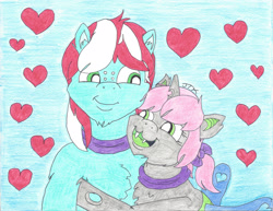 Size: 2200x1700 | Tagged: safe, alternate version, artist:jamestkelley, imported from derpibooru, oc, oc only, oc:oculus, oc:peppermint, changeling, pony, changeling oc, couple, female, green changeling, heart, hug, love, male, pink hair, stallion, traditional art, white changeling