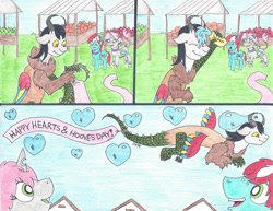 Size: 2200x1700 | Tagged: safe, artist:jamestkelley, imported from derpibooru, oc, oc:bedlam, oc:oculus, oc:peppermint, draconequus, apple, banner, bubble, draconequus oc, flying, food, heart, hearts and hooves day, market, orange, pear, traditional art