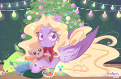 Size: 1280x837 | Tagged: safe, artist:feekteev, imported from derpibooru, oc, oc only, pony, christmas, cushion, hearth's warming eve, holiday, solo, teddy bear, tree