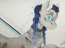 Size: 1024x768 | Tagged: safe, artist:scootiegp, imported from derpibooru, oc, oc only, earth pony, pony, braid, bust, choker, ear piercing, earring, female, jewelry, looking at you, mare, pendant, piercing, portrait, signature, simple background, solo, traditional art