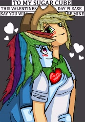 Size: 5000x7190 | Tagged: safe, artist:takrontoxicity, imported from derpibooru, applejack, rainbow dash, equestria girls, absurd resolution, appledash, blushing, clothes, cowboy hat, cute, female, hat, heart, holiday, lesbian, multicolored hair, shipping, shirt, smiling, stetson, valentine's day