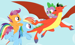 Size: 3524x2121 | Tagged: safe, artist:porygon2z, imported from derpibooru, rainbow dash, scootaloo, spike, dragon, pegasus, pony, american dragon jake long, blank flank, crossover, dragons riding dragons, female, filly, flying, foal, jake long, looking at each other, looking at someone, male, mare, ponies riding ponies, ride, rider, riding, scootaloo riding rainbow dash, scootalove, spread wings, wings