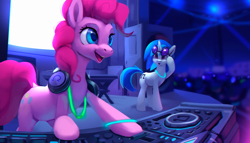 Size: 1200x684 | Tagged: safe, artist:rodrigues404, imported from derpibooru, dj pon-3, pinkie pie, vinyl scratch, earth pony, pony, unicorn, audience, concert, female, headphones, mare, open mouth, smiling, speaker, speakers, sunglasses, surprised, turntable