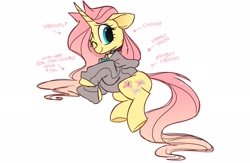 Size: 2048x1335 | Tagged: safe, artist:hiccupsdoesart, deleted from derpibooru, imported from derpibooru, fluttershy, pony, unicorn, spoiler:g5, butt freckles, choker, chokershy, clothes, cute, female, floppy ears, fluttershy (g5 concept leak), fluttershy (g5), freckles, g5, hoodie, mare, on side, one eye closed, shyabetes, side, simple background, smiling, sweater, text, unicorn fluttershy, white background