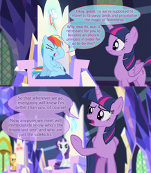Size: 1258x1440 | Tagged: artist needed, source needed, safe, imported from derpibooru, applejack, rainbow dash, rarity, twilight sparkle, alicorn, alicorn drama, background pony strikes again, dialogue, downvote bait, drama, drama bait, friendship throne, op can you stop, op is a duck, op is a slowpoke, op started shit, op wants attention, show accurate, twilicorn spotlight drama, twilight sparkle (alicorn)