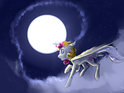 Size: 1280x960 | Tagged: safe, artist:imsokyo, imported from derpibooru, oc, oc only, oc:lola cloudmaker, pony, cloud, moon, solo