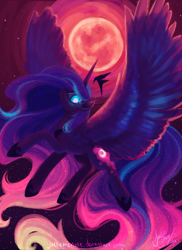 Size: 900x1238 | Tagged: safe, artist:joellethenose, imported from derpibooru, princess luna, alicorn, pony, blood moon, color porn, eyestrain warning, female, full moon, glowing eyes, mare, moon, signature, solo, spread wings, wings