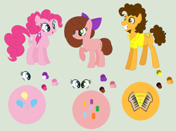 Size: 1203x899 | Tagged: safe, artist:princessunicorn123, imported from derpibooru, cheese sandwich, pinkie pie, oc, oc:strawberry cake, earth pony, pony, alternate hairstyle, base used, bow, cheesepie, female, filly, green background, hair bow, heterochromia, male, offspring, parent:cheese sandwich, parent:pinkie pie, parents:cheesepie, raised hoof, reference sheet, shipping, simple background, straight