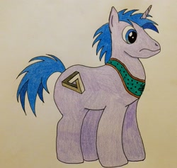 Size: 3543x3355 | Tagged: safe, artist:penguin_lover89, derpibooru exclusive, imported from derpibooru, oc, oc only, oc:penrose, pony, collar, colored pencil drawing, colt, male, modern art, optical illusion, science, solo, traditional art