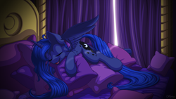 Size: 3840x2160 | Tagged: safe, artist:ohemo, imported from derpibooru, princess luna, alicorn, pony, 4k, bed, curtains, cute, eyes closed, female, high res, lunabetes, mare, open mouth, open smile, pillow, sleeping, smiling, solo, wallpaper, weapons-grade cute