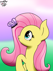 Size: 1536x2048 | Tagged: safe, artist:kimjoman, artist:php142, imported from derpibooru, fluttershy, butterfly, pony, blurred background, blurry background, cute, female, heart eyes, looking up, outdoors, sitting, solo, wingding eyes