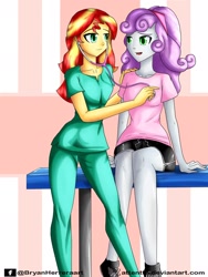 Size: 1536x2048 | Tagged: safe, artist:attentte, imported from derpibooru, sunset shimmer, sweetie belle, equestria girls, clothes, commission, converse, duo, duo female, female, listening, looking at each other, nurse, nurse outfit, nurse shimmer, older, older sweetie belle, open mouth, pants, scrubs, scrubs (gear), shirt, shoes, shorts, sitting, standing, stethoscope