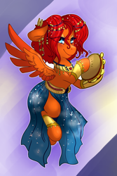 Size: 2400x3600 | Tagged: safe, artist:mimkage, imported from derpibooru, oc, oc only, oc:goldenfox, pegasus, pony, clothes, crossdressing, male, musical instrument, romani, smiling, solo, tambourine