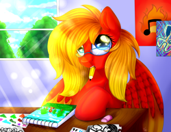 Size: 5870x4533 | Tagged: safe, artist:bl--blacklight, imported from derpibooru, oc, oc only, oc:sunrise tune, pegasus, pony, absurd resolution, cute, drawing, female, glasses, mare, mouth hold, ocbetes, pencil, poster, requested art, solo, sunlight, window