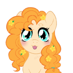 Size: 576x576 | Tagged: safe, artist:arxielle, imported from derpibooru, pear butter, earth pony, pony, :p, big eyes, blushing, cute, female, flower, flower in hair, looking at you, mare, pearabetes, silly, simple background, solo, staring into your soul, tongue out, transparent background